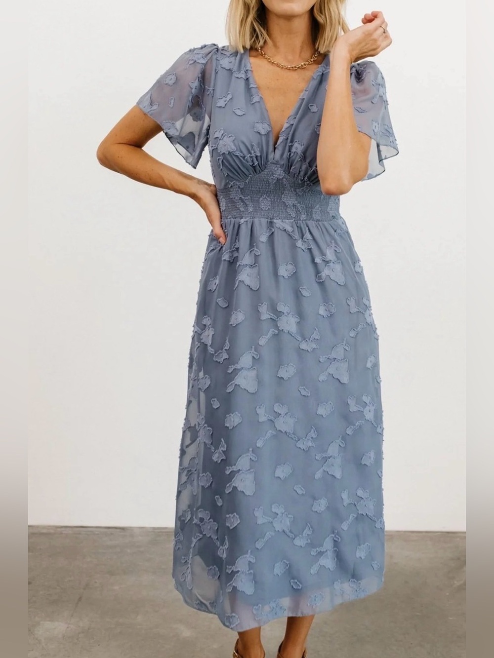 Baltic Born June Smocked Midi Dress Dusty Blue Textured V-Neck Medium